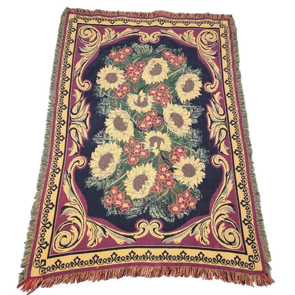 Vintage Goodwin Weavers Style Sunflower Tapestry Throw Blanket Fringe 45x63